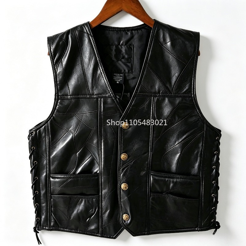 Men's Black Patchwork Leather  - Motorcycle Gear Vest review and price